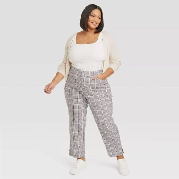 NEW Ava & Viv Pants Ankle High Rise Stretch Cream Plaid NWT Size 24 - Picture 1 of 6